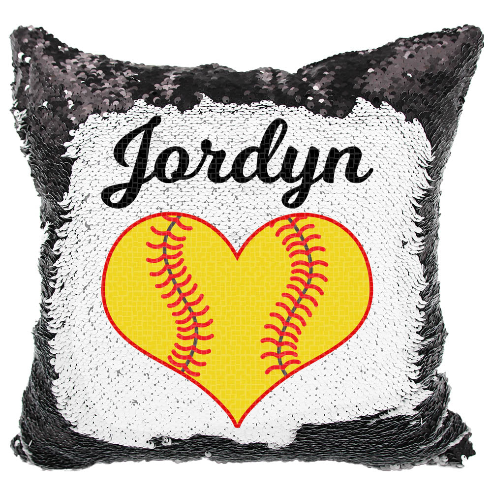 Handmade Personalized Softball Heart Reversible Sequin Pillow Case