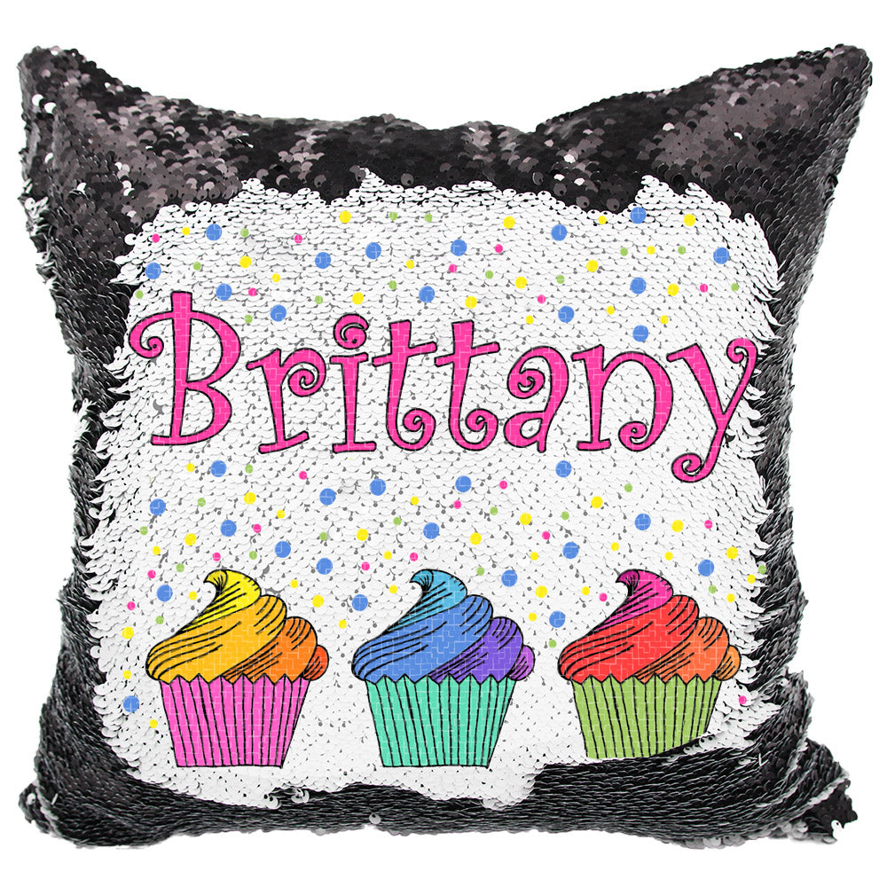 Handmade Personalized Rainbow Cupcakes Reversible Sequin Pillow Case