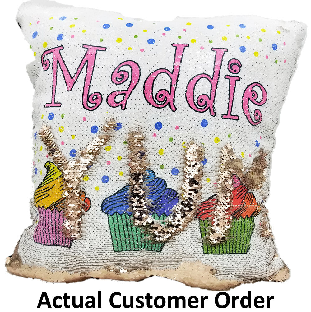 Handmade Personalized Rainbow Cupcakes Reversible Sequin Pillow Case