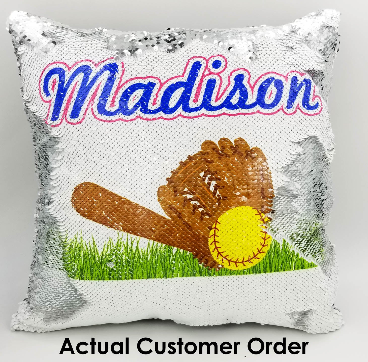 Handmade Personalized Softball Field Reversible Sequin Pillow Case