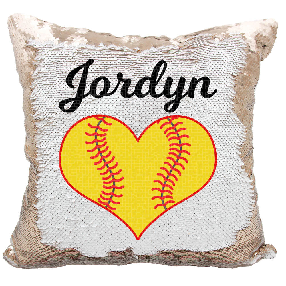 Handmade Personalized Softball Heart Reversible Sequin Pillow Case