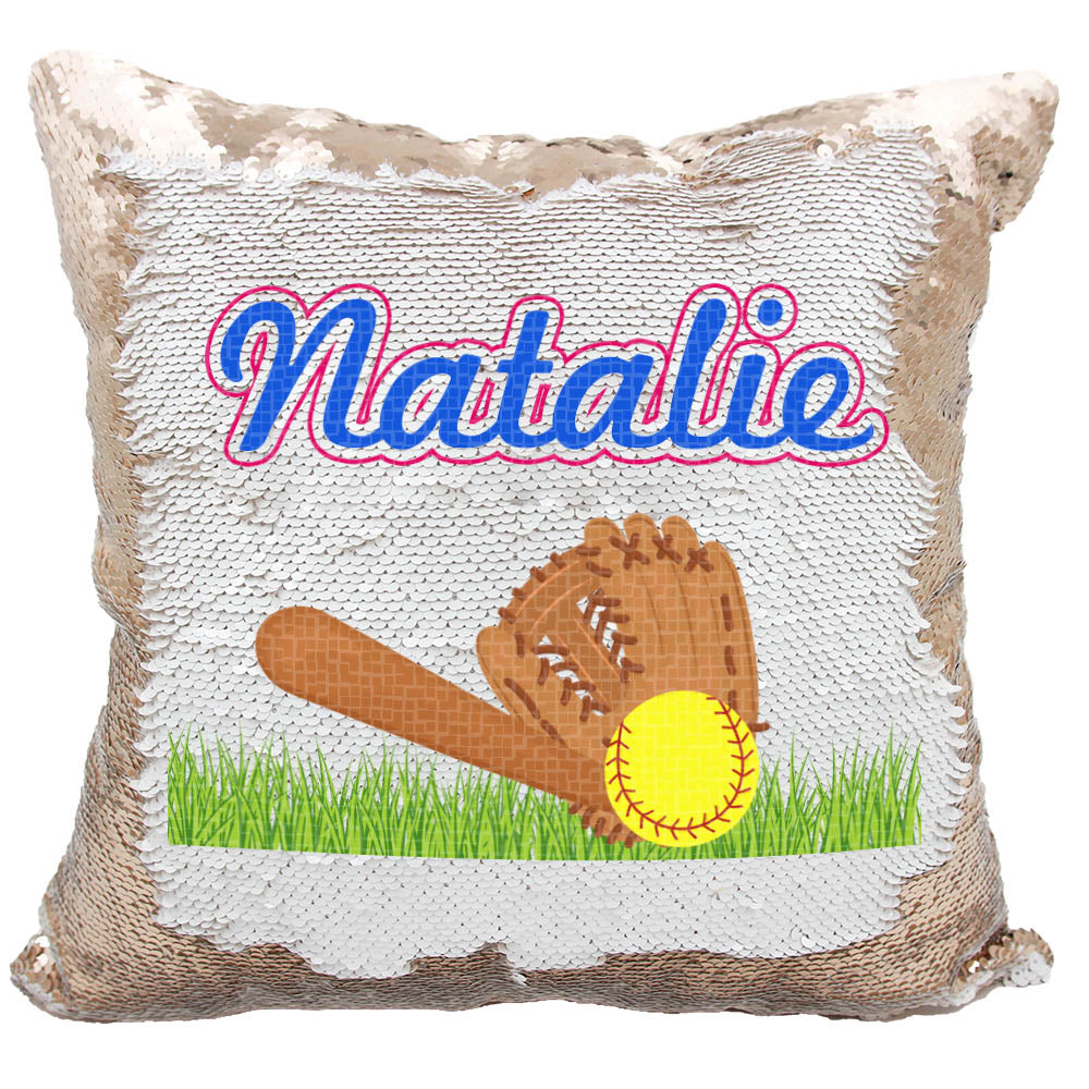 Handmade Personalized Softball Field Reversible Sequin Pillow Case