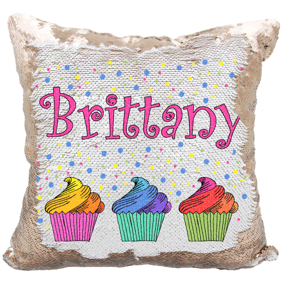 Handmade Personalized Rainbow Cupcakes Reversible Sequin Pillow Case