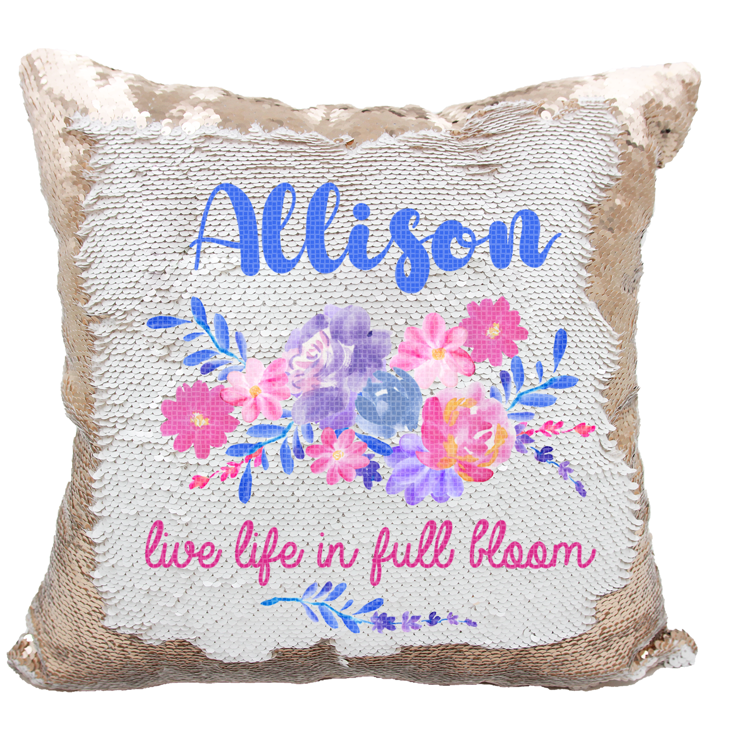 Handmade Personalized Live Life in Full Bloom Reversible Sequin Pillow Case