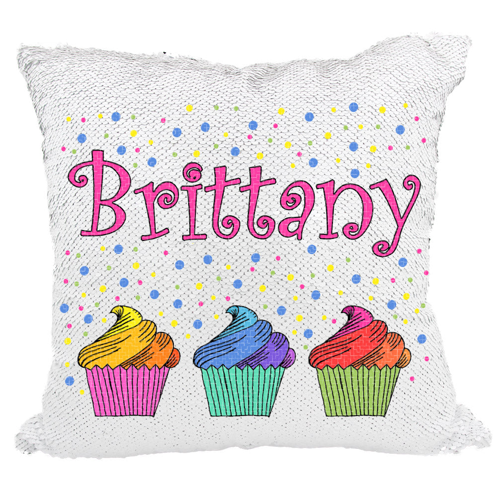 Handmade Personalized Rainbow Cupcakes Reversible Sequin Pillow Case
