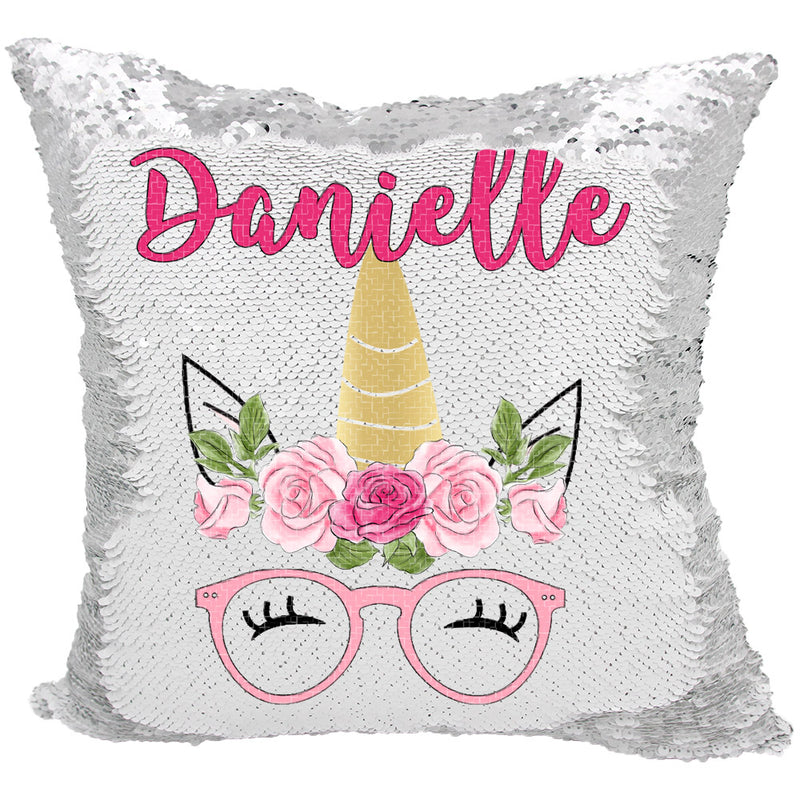 Handmade Personalized Hipster Glasses Unicorn Reversible Sequin Pillow Case