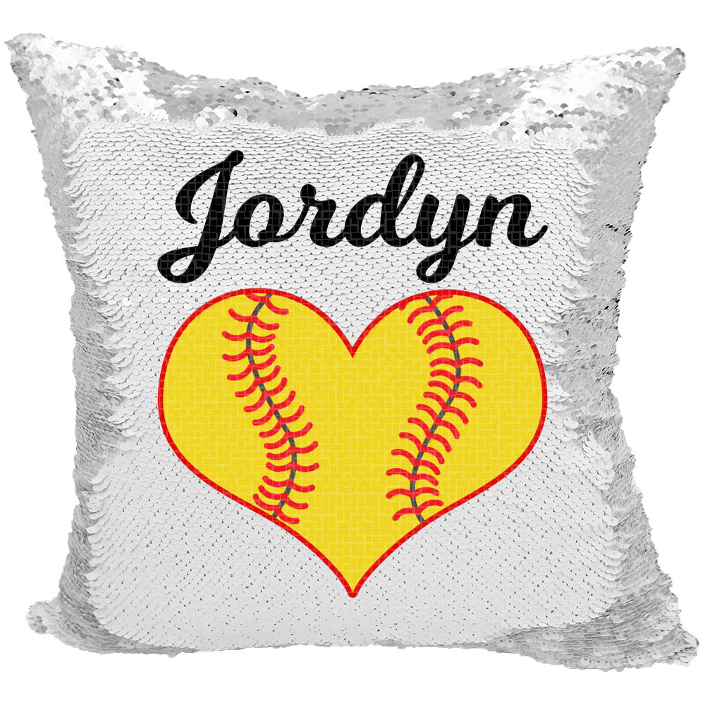 Handmade Personalized Softball Heart Reversible Sequin Pillow Case