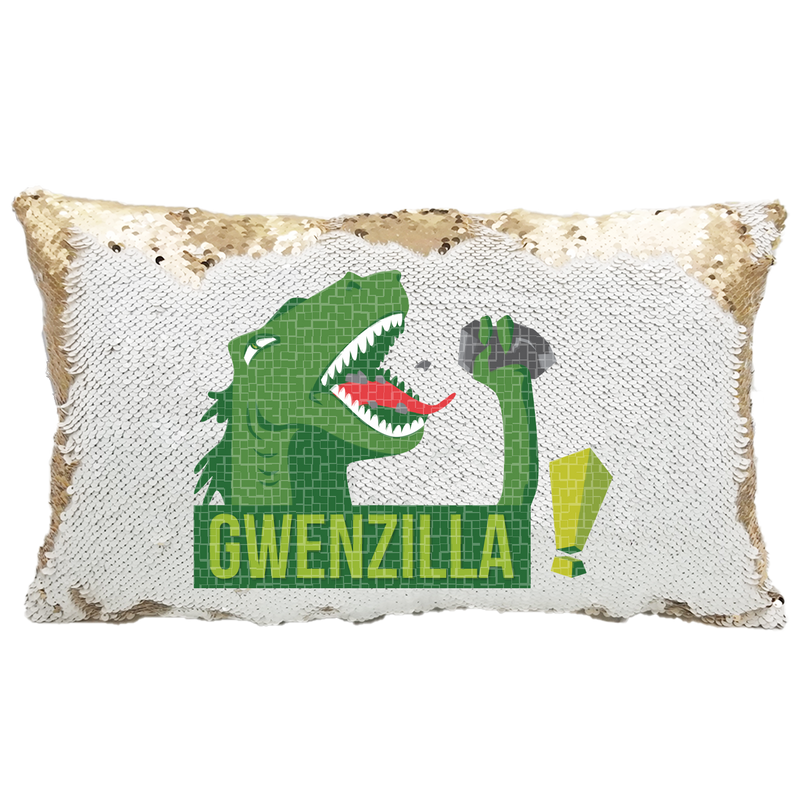 Handmade Personalized Godzilla Dinosaur Rectangle Reversible Sequin Pillow Case