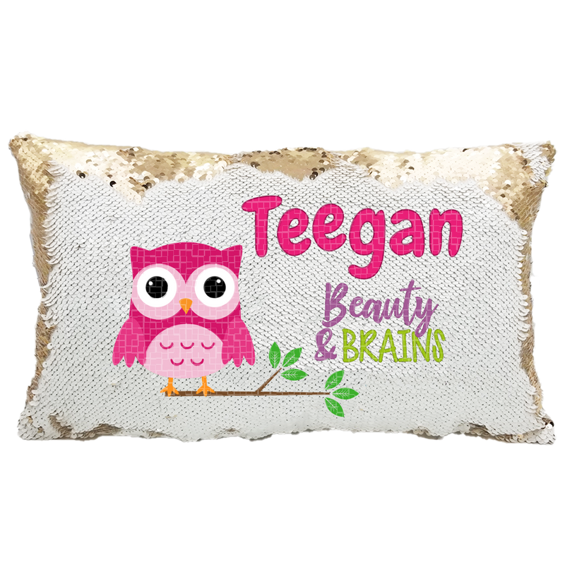 Handmade Personalized Brainy Owl Rectangle Reversible Sequin Pillow Case