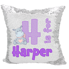 Handmade Personalized Hippo Alphabet Style Reversible Sequin Pillow Case