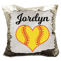 Handmade Personalized Softball Heart Reversible Sequin Pillow Case