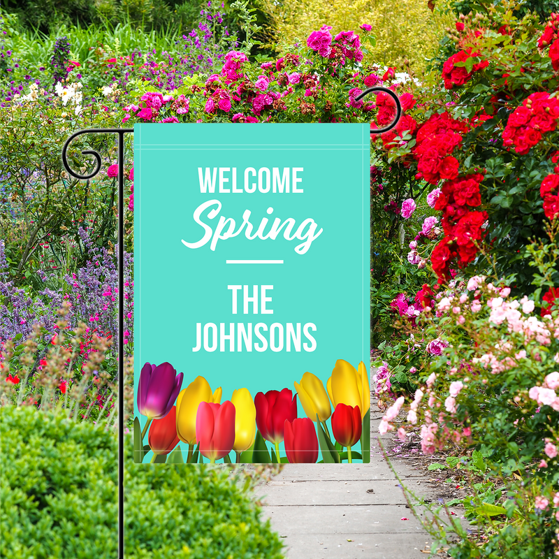 Personalized Spring Flowers Teal Garden Flag
