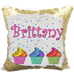 Handmade Personalized Rainbow Cupcakes Reversible Sequin Pillow Case