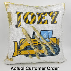 Handmade Personalized Construction Reversible Sequin Pillow Case