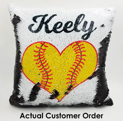 Handmade Personalized Softball Heart Reversible Sequin Pillow Case