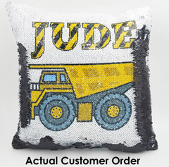 Handmade Personalized Construction Reversible Sequin Pillow Case