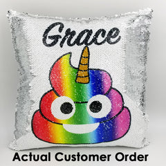 Handmade Personalized Rainbow Poop Reversible Sequin Pillow Case