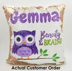 Handmade Personalized Brainy Owl Reversible Sequin Pillow Case