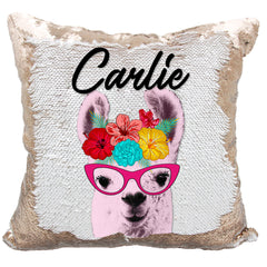 Handmade Personalized Flower Crown Llama Reversible Sequin Pillow Case