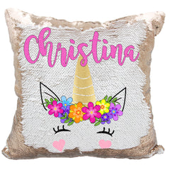 Handmade Personalized Bright Flowers Unicorn Reversible Sequin Pillow Case