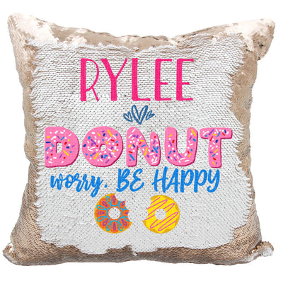 Handmade Personalized Donut Worry Reversible Sequin Pillow Case