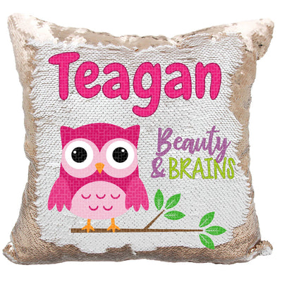 Handmade Personalized Brainy Owl Reversible Sequin Pillow Case