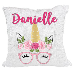 Handmade Personalized Hipster Glasses Unicorn Reversible Sequin Pillow Case