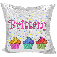 Handmade Personalized Rainbow Cupcakes Reversible Sequin Pillow Case