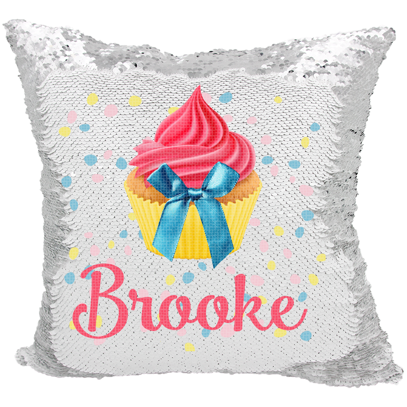 Handmade Personalized Cupcake Bow Reversible Sequin Pillow Case