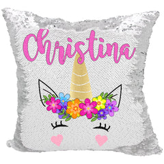 Handmade Personalized Bright Flowers Unicorn Reversible Sequin Pillow Case